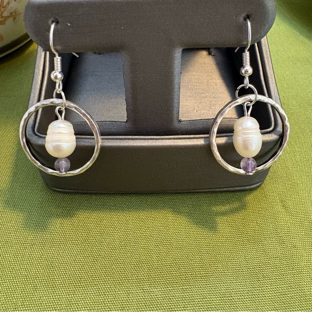 Silver Toned Freshwater Pearl Drop Earrings
